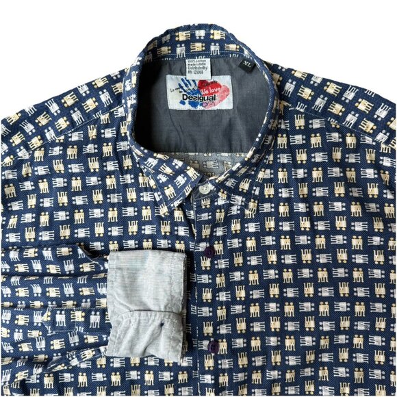 Desigual Button Down Shirt Mens XL AOP Nude Man Woman Print Subtle Blue - Picture 2 of 6